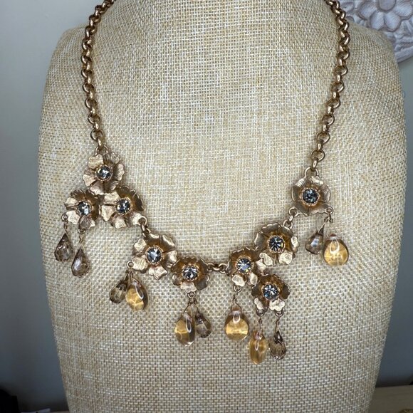 J.Crew Crystal Midnight Floral Statement Necklace Gold-Tone With Gemstone Drops - Picture 3 of 10